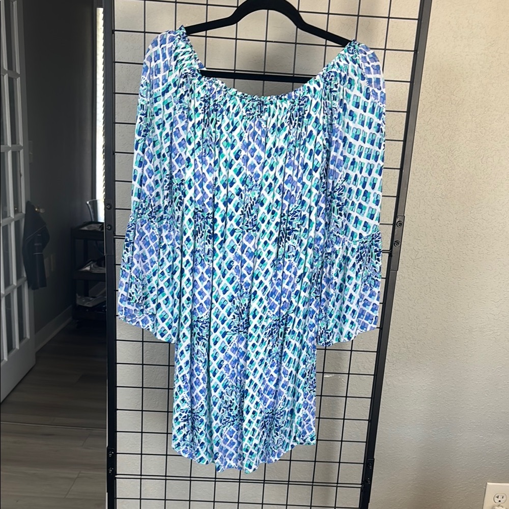 Lilly Pulitzer Blue and Green Patterned off the shoulder dress